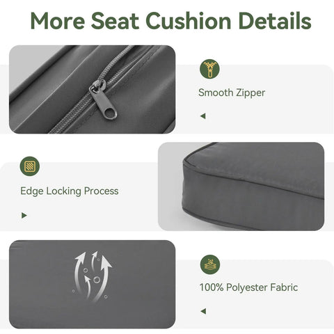 Replacement Outdoor Cushions For Patio Furniture 14 Piece Deep Seat Cushions For 6 Seat Patio Conversation Sets. Grey cushion details showing smooth zipper, edge locking process, and 100% polyester fabric.