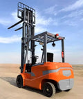 Heavy Duty Electric Forklift With Hydraulic Lifting Mast And Bulletproof Tires in bright orange on flat terrain.