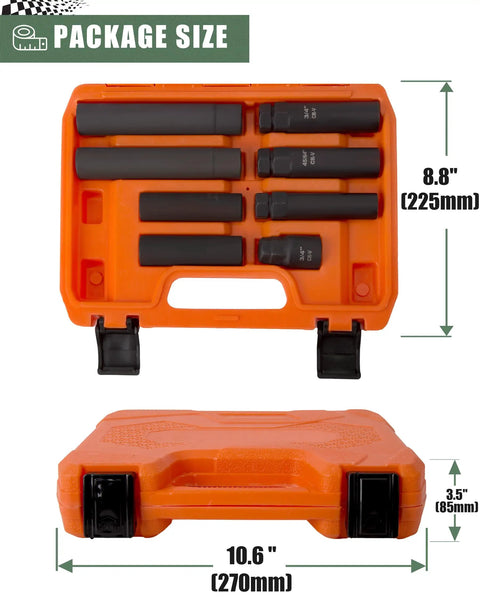 Orange case with Eight-Piece Lug Nut Socket Set With Spline Sockets For 5/6/7/12 Lug Nuts, CR-V Steel dimensions shown
