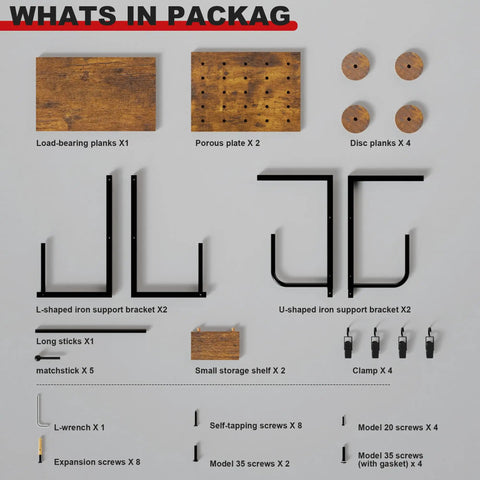 Ride Ready Wall Mount Helmet Holder package contents with planks, brackets, shelves, clamps, screws, and tools displayed.