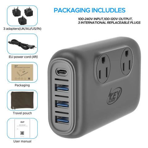 220V to 110V Voltage Converter 230W Step Down Travel Power Adapter with USB C Port 18W and 4ft Cord, US UK AU EU Sockets