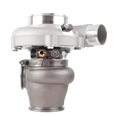 Side view of Dual Ceramic Bearing Turbocharger with 9 Blade G Aero Billet Compressor Wheel and Inconel 713C Turbine Wheel.