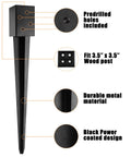 4x4 Fence Post Ground Spike Anchor 36 Inch Steel Black Powder Coated No Dig Install Mailbox Post Anchor Fits Three Point Five By Three Point Five Lumber Hammer In Or Drill Ready With Included Driver Bit, showing predrilled holes and metal material.