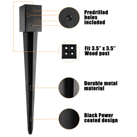 4x4 Fence Post Ground Spike Anchor 36 Inch Steel Black Powder Coated No Dig Install Mailbox Post Anchor Fits Three Point Five By Three Point Five Lumber Hammer In Or Drill Ready With Included Driver Bit, showing predrilled holes and metal material.