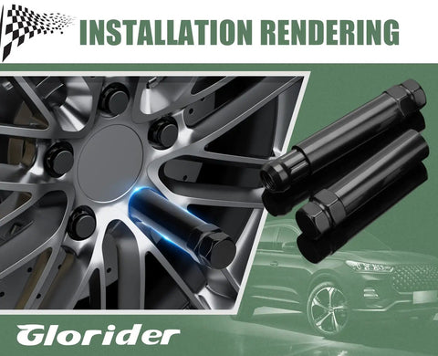 Heavy Duty 7 Spline Tuner Lug Nut Key With Dual Hex 13/16 And 7/8 Inch Sockets showing installation on a stylish wheel.