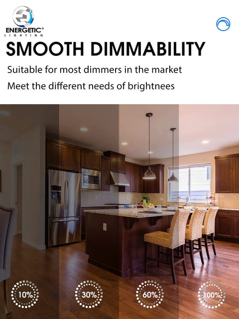 Smooth dimmability showcase of Six Inch Canless Recessed LED Light With Junction Box Slim Low Profile 4000K Cool White 12W installed in kitchen