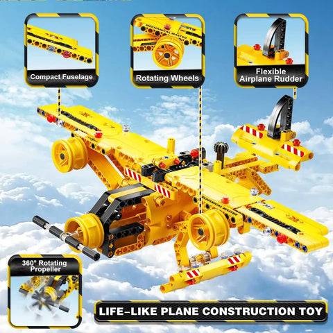 Yellow airplane from 2 in 1 Truck And Airplane STEM Building Set, 361 Pcs DIY Construction Toys For Kids Aged 6 To 12