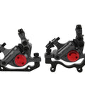 Black Two Piece Hydraulic Disc Brake Set For Mountain And Road Bikes With Aluminum Alloy Body, view of calipers and mount.