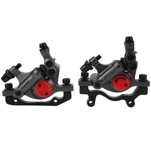 Black Two Piece Hydraulic Disc Brake Set For Mountain And Road Bikes With Aluminum Alloy Body, view of calipers and mount.