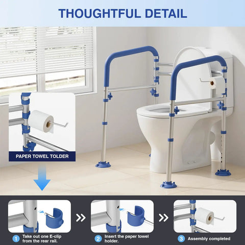 Rock Solid Foldable Toilet Safety Rail For Seniors With Adjustable Height And Width Heavy Duty Aluminum Grab Bar Supports Up To 350 Pounds with paper towel holder.