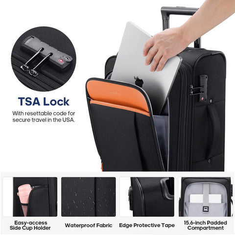 Softside Expandable Carry On Luggage 22 Inch By 14 Inch By 9 Inch Airline Approved 20 Inch Wheeled Suitcase With TSA Lock, laptop compartment