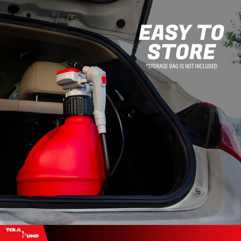 TERA PUMP gas can transfer pump side view with red plastic fuel can and white nozzle in car trunk