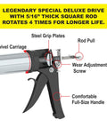 Detailed view of DL-45-T13 Professional Line Special Deluxe Manual Bulk Caulking Gun with steel grip plates and swivel carriage.