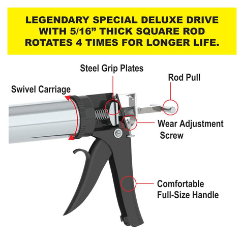 Detailed view of DL-45-T13 Professional Line Special Deluxe Manual Bulk Caulking Gun with steel grip plates and swivel carriage.
