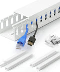 66 Inch Open Slot Cable Management Raceway Kit For Under Desk Setup And Network Cords, white PVC, includes screws and foam strips