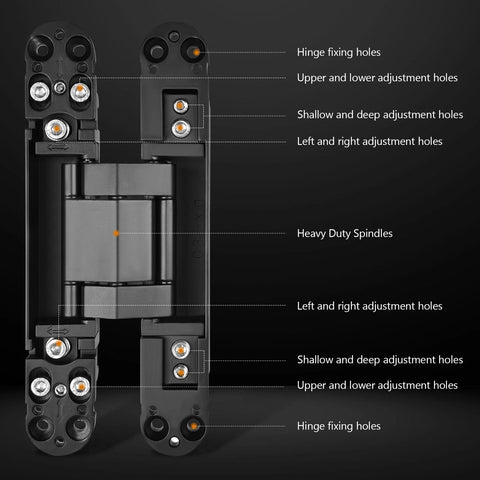 Front view of Hidden Door Hinge Set for Concealed Installations, Six Inch Two-Piece Hinges, Black Finish, showing adjustment features.