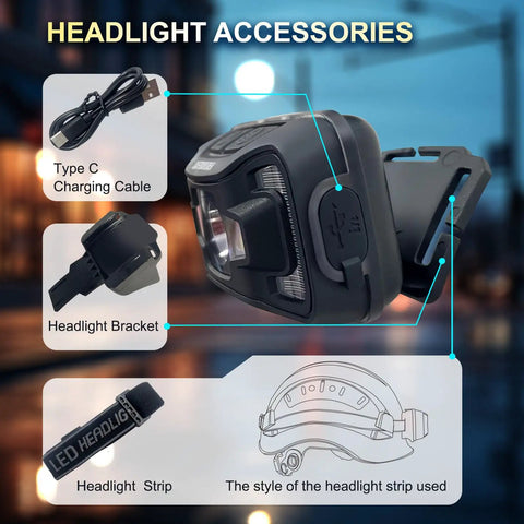 Built In Headlamp For CR06 And CR08 Hard Hats Hands Free Safety Helmet Light showing accessories like charging cable, bracket.