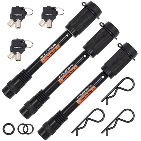 Keyed Alike Trailer Hitch Lock Set With Extra Long Five Eighth Inch Pin And Four And A Half Inch Span Double Safety Locking Pin For Three Inch Receivers And Adjustable Channel Mounts Three Pack, includes keys and pins