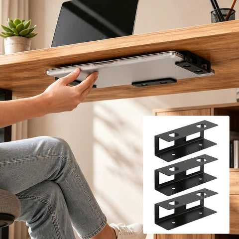 Person placing laptop on Rock Solid Under Desk Laptop Mount Built Tough Adjustable Metal Shelf, ideal for laptops and tablets.