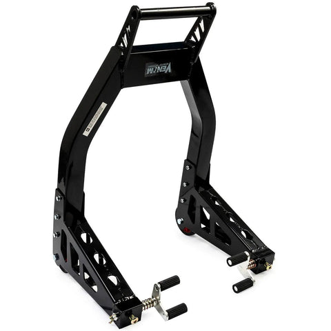 Universal Front And Rear Motorcycle Stand Lift Combo In Black With Front Fork Roller And Swingarm Y Lift And Paddle Lift