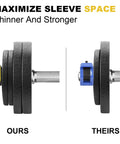 Comparison of two barbells with weight plates, showing 2 Inch Olympic Barbell Clamps With Non Slip Quick Release Collars For Heavy Lifts Grippy Weight Plate Holders That Keep Your Plates Solid And Your Gym Sessions Safe And Smooth versus another model, highlighting sleeve space efficiency.