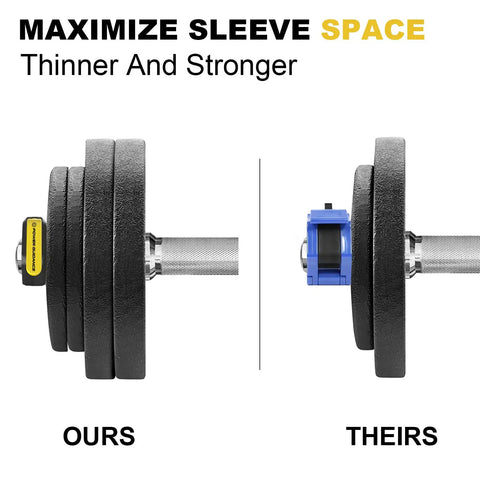 Comparison of two barbells with weight plates, showing 2 Inch Olympic Barbell Clamps With Non Slip Quick Release Collars For Heavy Lifts Grippy Weight Plate Holders That Keep Your Plates Solid And Your Gym Sessions Safe And Smooth versus another model, highlighting sleeve space efficiency.