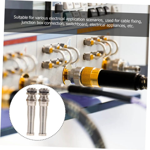 Brass Cable Glands Kit 4 Pack With 2 Way Glands And Metal Connectors in use on an electrical panel, silver finish, strain relief