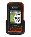 Swami Ace Handheld Golf GPS Rangefinder in Orange with digital display showing yardages and golf course layout