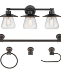 Nate 5-Piece All-In-One Bathroom Set in Oil Rubbed Bronze featuring 3-light vanity with clear glass shades, towel bar, ring, hook, holder