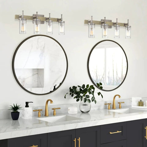 Bathroom with Winslow 28 Inch 4 Light Farmhouse Vanity Light with seeded glass shades over dual sinks.