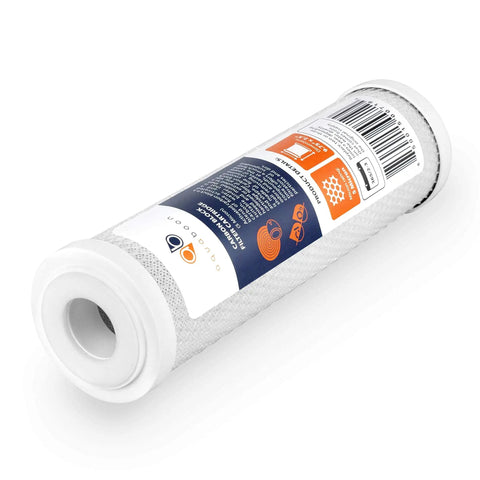 5 Micron 10x2.5 Household Water Filter Cartridge angled view, sediment and activated carbon replacement, one of 12-pack set