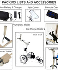 Super Chill Three Wheel Electric Golf Cart Foldable Remote Control Trolley accessories including battery, remote, cup, and umbrella holders.
