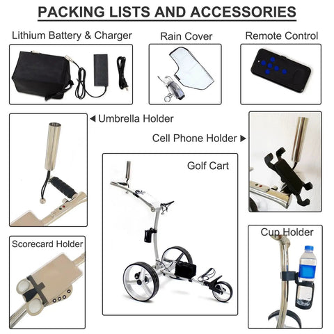 Super Chill Three Wheel Electric Golf Cart Foldable Remote Control Trolley accessories including battery, remote, cup, and umbrella holders.