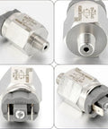 Air Compressor Pressure Switch With Adjustable Settings Stainless Steel Body One Eighth Inch PT Thread Normally Open Compact Easy Install For Air And Water Systems, shown from multiple angles.