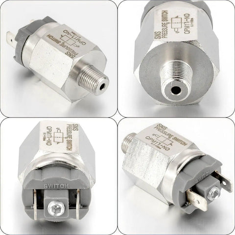 Air Compressor Pressure Switch With Adjustable Settings Stainless Steel Body One Eighth Inch PT Thread Normally Open Compact Easy Install For Air And Water Systems, shown from multiple angles.