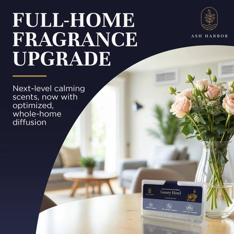 Luxury Hotel Scent Whole Home Air Freshener System box in stylish living room with flowers