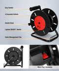 Portable Extension Cord Storage Reel With Hand Crank, 15 Amp Overload Switch, Four Outlets, shows grip handle and lighted switch