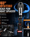 Heavy Duty 21V Cordless Pipe Crimping Tool With Brushless Motor And High Carbon Steel Build showing 360° rotating head for tight spaces.