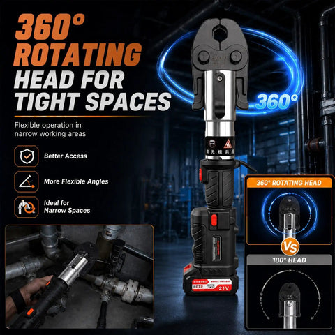 Heavy Duty 21V Cordless Pipe Crimping Tool With Brushless Motor And High Carbon Steel Build showing 360° rotating head for tight spaces.