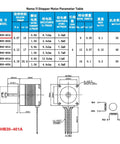Nema 11 stepper motor parameters table with technical specifications and wiring diagram for model 28HB30-401A