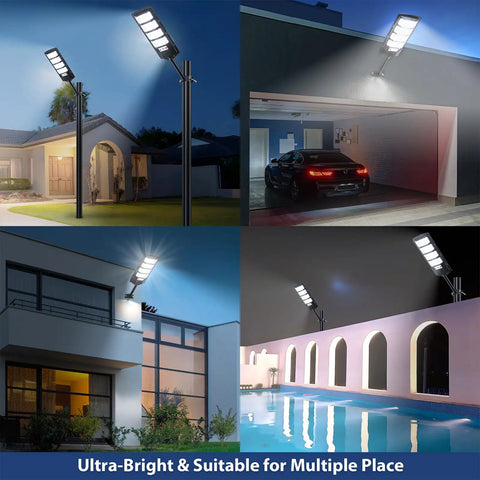 Hella Bright Solar Street Lights 2 Pack Outdoor Waterproof Design With 6500K LED Motion Sensor Dusk To Dawn Mode Wireless Remote Included 320 Degree Wide Angle Flood Beam Perfect For Patios Yards And Business Lots