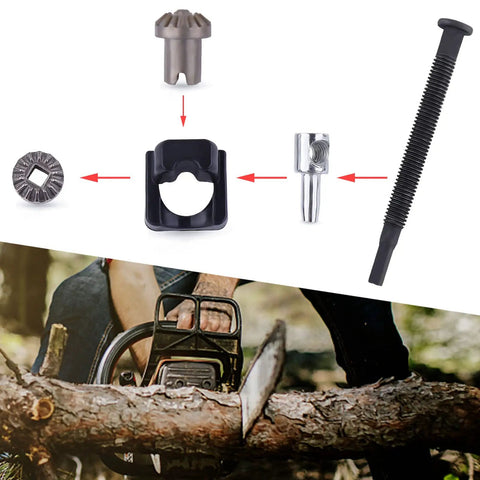 Chain Bar Tensioner Kit For Echo CS400 CS450 Chainsaws Replacement Parts with tensioner components and saw in use on tree