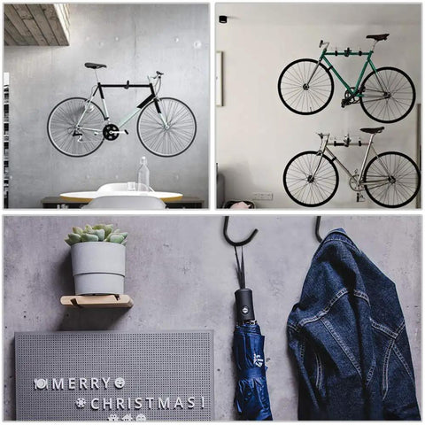 Four Pack Heavy Duty Bike Hook Set For Garage Ceiling And Wall Storage Hangers securing bikes, coats, and umbrellas.