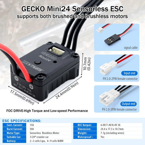 GECKO Mini24 ESC for 1/18 and 1/24 RC crawlers with connectors, part of 3500KV Outrunner Brushless Motor With 25A ESC.
