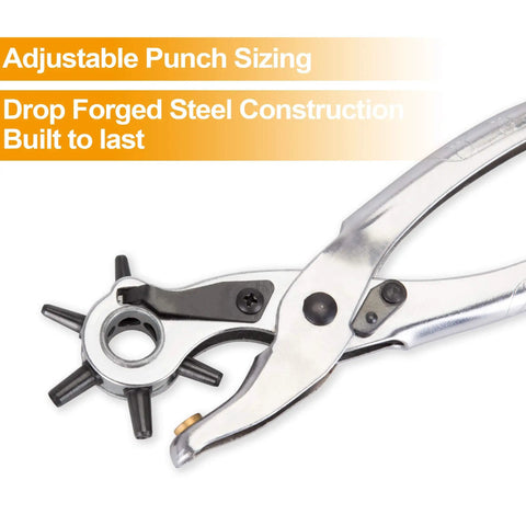 Close-up of Pro Grade Leather Hole Punch Set For Belts Watch Bands Straps Dog Collars Saddles Shoes Fabric And DIY Projects 9 Inch Handy Punch Tool For Leather Craft And Home Builds showing adjustable punch sizing and steel construction.