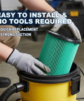 Person installing 2 Pack VF6000 HEPA Replacement Filter For 5 To 20 Gallon Wet Dry Vacuums Top Notch Filtration For Drywall Dust And Debris