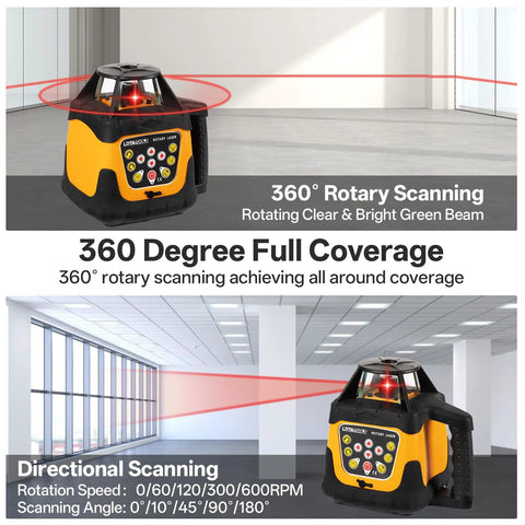 Heavy Duty Self Leveling Rotary Laser With 2000 Ft Range and Built Like A Tank IP66 Waterproof Rating showcasing 360-degree scanning feature.