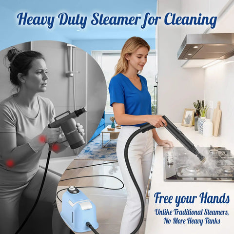 Heavy Duty Handheld Steam Cleaner 10s Rapid Heat Delivers 230 Degree Pressurized Steam for cleaning kitchen surfaces.