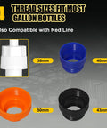 Four thread sizes for 30cc Hand Fluid Transfer Pump For Gallon And Wide Mouth Bottles, 38mm, 40mm, 43mm, 50mm, in various colors.