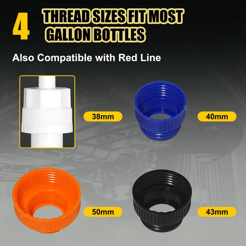 Four thread sizes for 30cc Hand Fluid Transfer Pump For Gallon And Wide Mouth Bottles, 38mm, 40mm, 43mm, 50mm, in various colors.